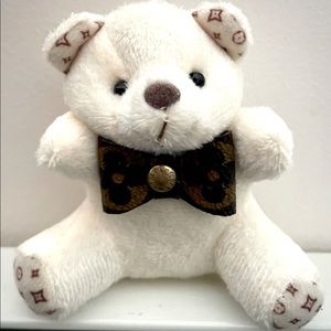 Small White Teddy Bear with Genuine Upcycled Canvas Bow Tie.